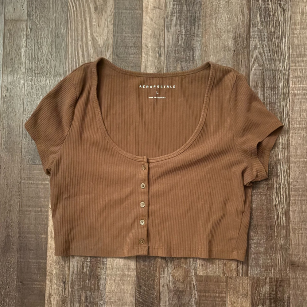 Aeropostale Brown Ribbed Button-Up Crop Top